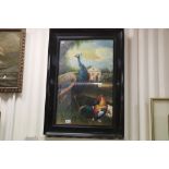 Ebonized framed oil painting a view of a stately house with peacock and wildfowl in gardens,