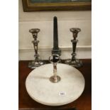 Silver plated carrara marble lazy Susan, pair of silver plated candlesticks and a granite stone