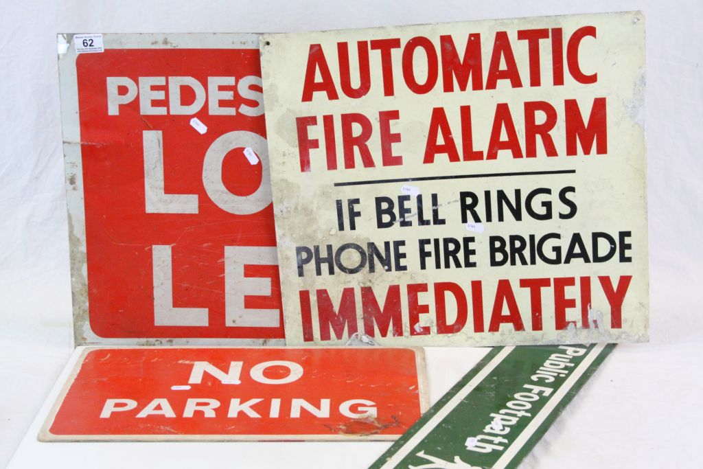 Four vintage Signs to include; No Parking, Public Look Left, Public Footpath & Automatic Fire Alarm,