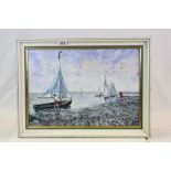 Ivy E Smith mid 20th Century impressionist oil on board, coastal scene with figures and sailing