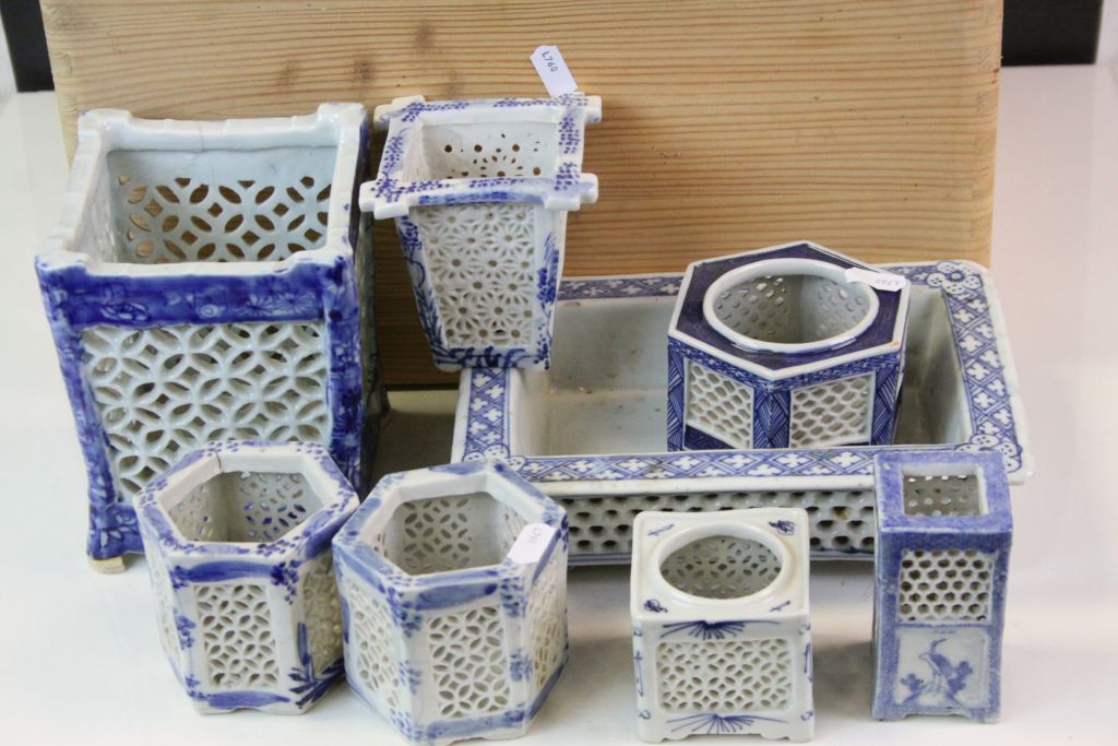 Large quantity of blue & white oriental candle stands and vases with pierced decoration - Image 2 of 3