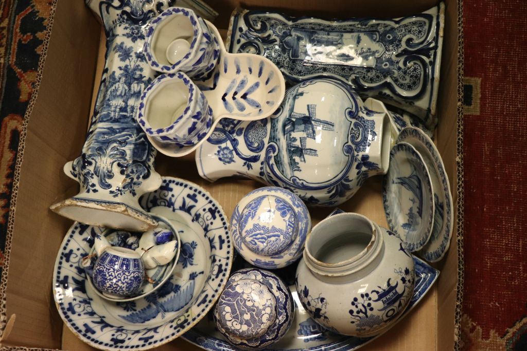 Large quantity of blue & white ceramics in three boxes to include oriental, Delft and vases, plates,