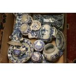 Large quantity of blue & white ceramics in three boxes to include oriental, Delft and vases, plates,