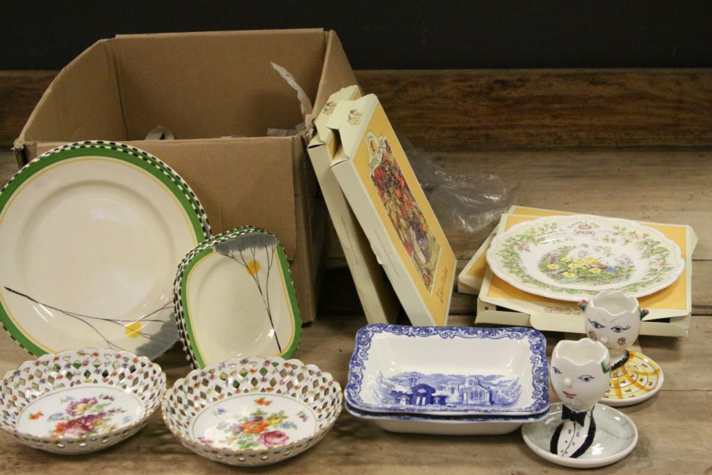 Four boxed Royal Doulton cabinet plates, Burley ware Art Deco plates, pair of Italian figurative egg
