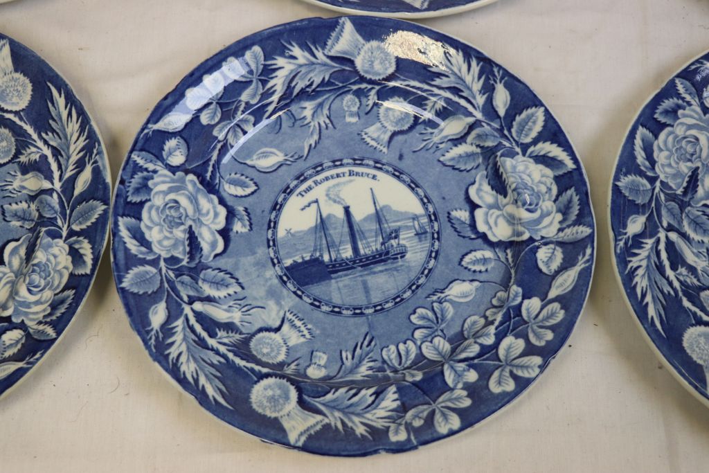 Set of six 19th Century blue & white plates, The Robert Bruce, commemorated death plate for George - Image 7 of 8