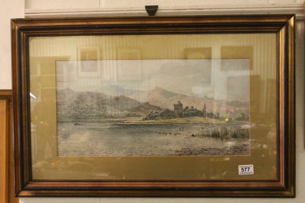 Arthur Suker 1857-1940 watercolour highland loch with castle and boat, approx. 25 cm x 50 cm