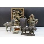 Small group of Oriental collectables to include; Iron cow Bell, Bronze Horse, Wooden carved panel