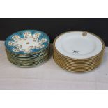 Set of Spode Copeland 10" dinner plates with gilt decoration and motif and a set of six Mintons