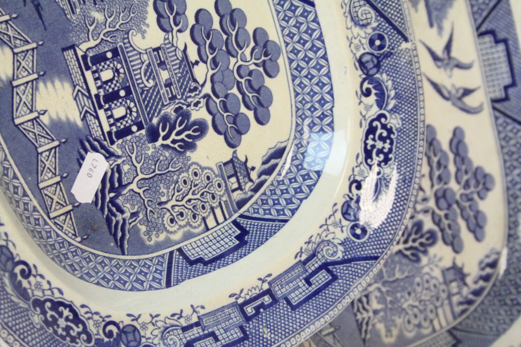 Large quantity of 19th century blue & white meat plates to include willow pattern - Image 3 of 3