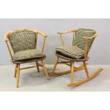 Ercol Pale Beech and Elm Cow Horn Chair together with a similar Ercol Rocking Chair