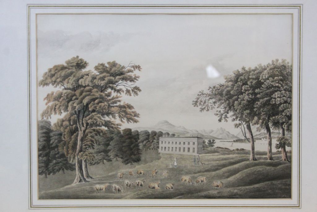 Early 19th Century watercolour country house and figures in a rural setting with sheep to - Image 2 of 3