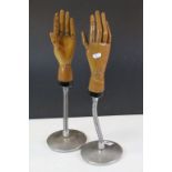Vintage pair of Articulated Wooden Hands on weighted flexible Chrome plated bases, marked "