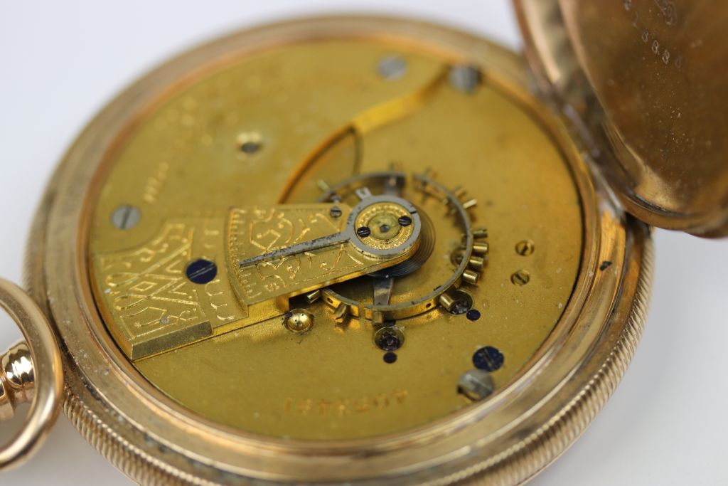 Gold plated Waltham full hunter pocket watch with Albert chain and bar together with a silver - Image 5 of 5