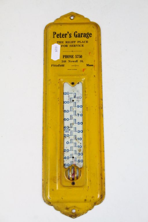 Vintage Tinplate wall mounted Thermometer marked "Peter's Garage Pittsfield Mass.", lacks Mercury,