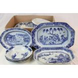 Box of mixed vintage Chinese blue & white ceramics in varying ages & styles many with Landscape