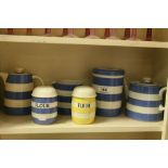 Group of T G Green Cornish ware pottery to include jugs, tea pot, flour sifters etc