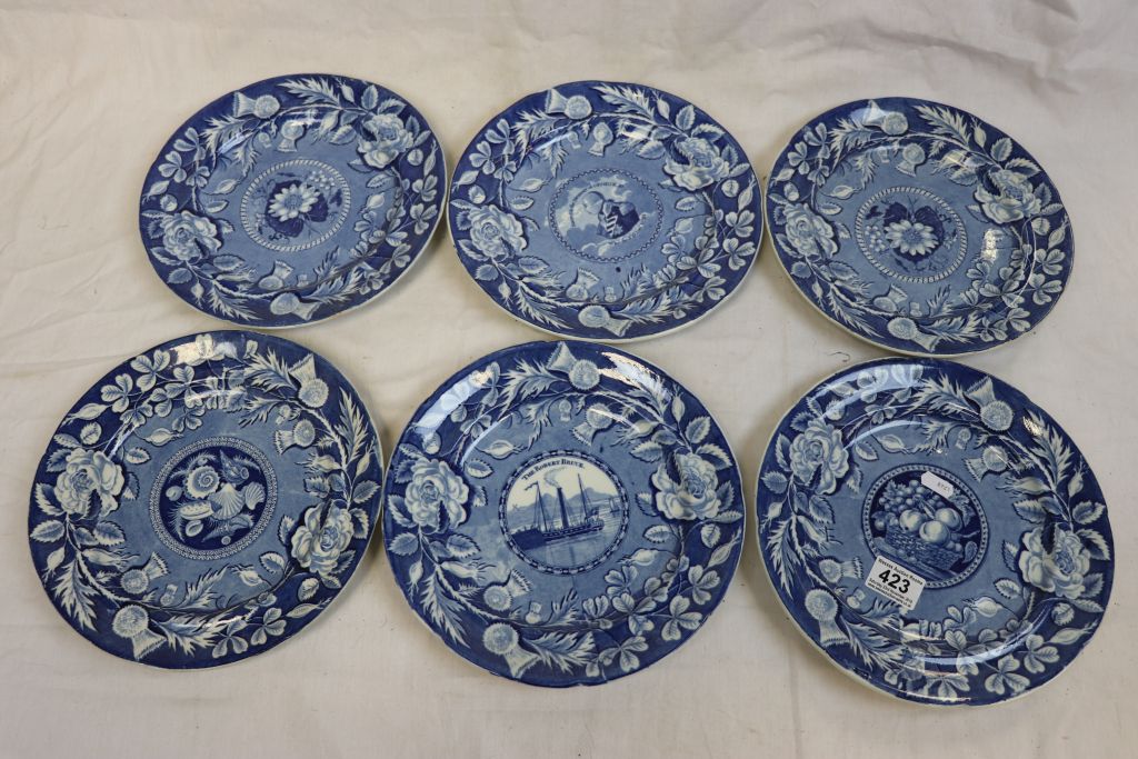 Set of six 19th Century blue & white plates, The Robert Bruce, commemorated death plate for George