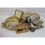 Box containing a quantity of antique oval prints in gilt frames, a box field microscope, fishing