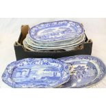 Large quantity of 19th century blue & white meat plates to include willow pattern