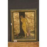Painting on wood Art Deco lady nude in a woodland setting, indistinctly signed, approx.34 x 26cm