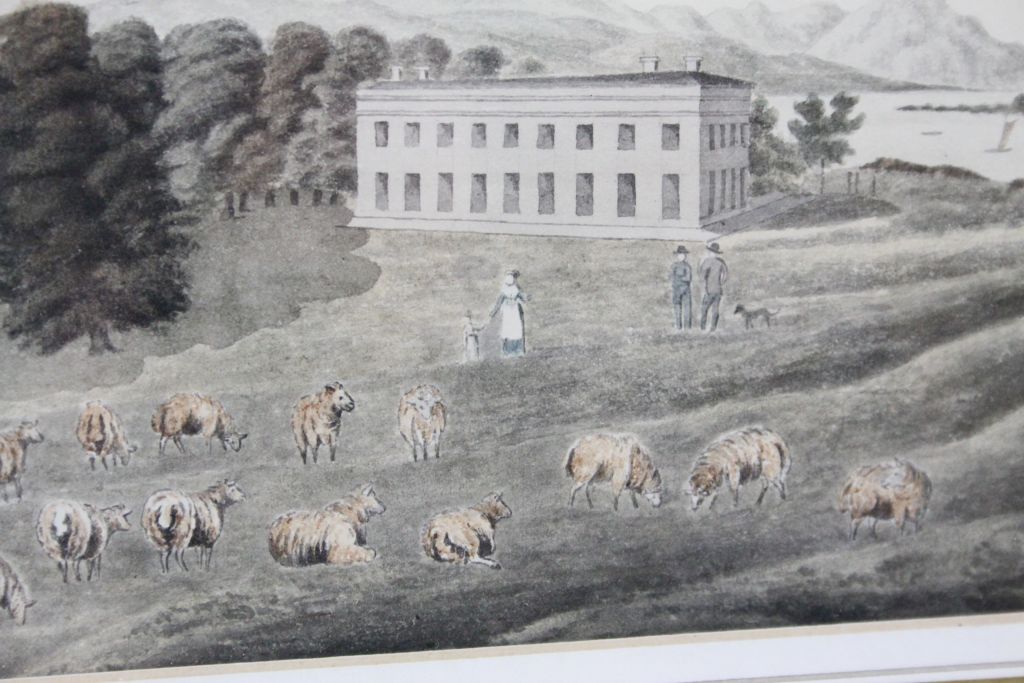 Early 19th Century watercolour country house and figures in a rural setting with sheep to - Image 3 of 3