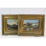 Pair of antique oil on canvas paintings of rural scenes contained within antique gilt frames,