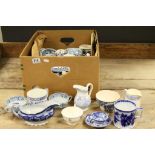 Large quantity of blue & white ceramics to include tankards, mugs, teapots etc in 4 boxes together