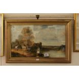 Oil painting of ruined castle and man fishing in a rural setting, signed G.Oyston