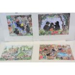 Fay Maxwell four unframed watercolours animal figures believed to be children books illustrations
