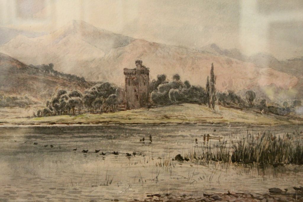 Arthur Suker 1857-1940 watercolour highland loch with castle and boat, approx. 25 cm x 50 cm - Image 2 of 3
