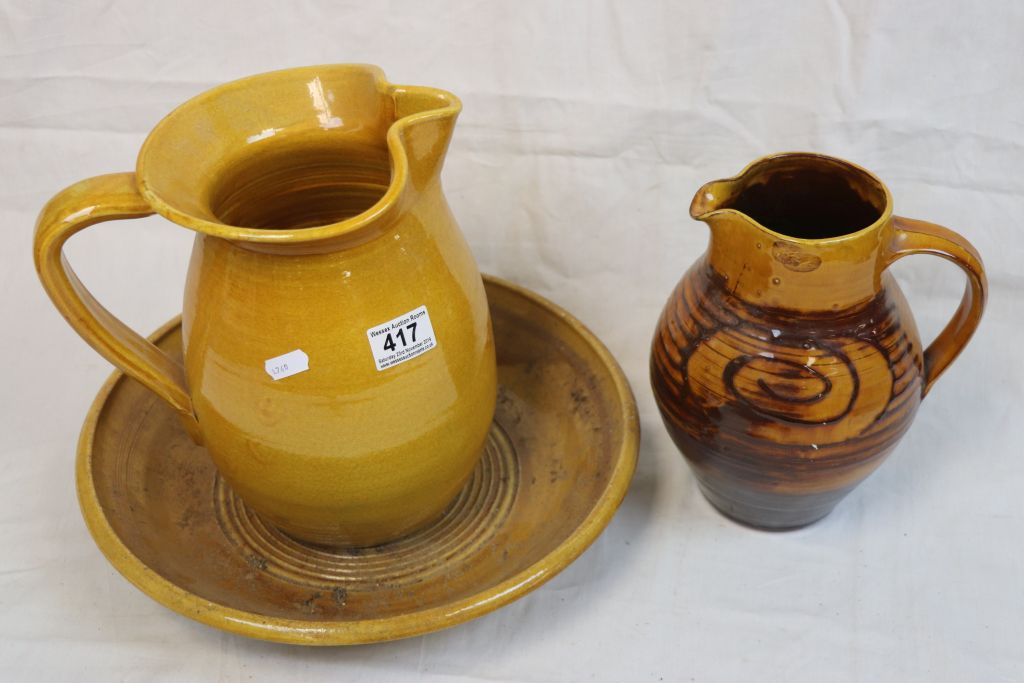 Studio pottery jug with slip ware scrolling decoration and a vintage pottery jug and bowl - Image 2 of 4