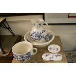 Late 19th Century aesthetic five piece blue & white ceramic wash stand set with bird decoration