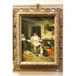 oil on panel family group with pets in a Victorian farmhouse interior scene with gilt frame