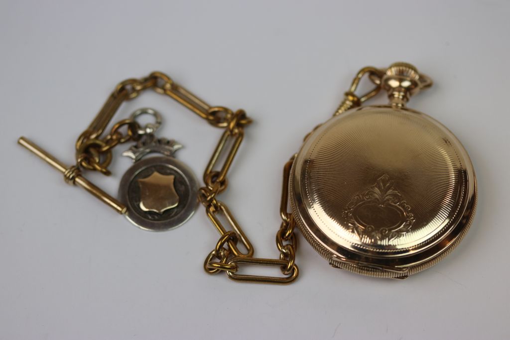 Gold plated Waltham full hunter pocket watch with Albert chain and bar together with a silver - Image 2 of 5