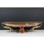 Arts and Crafts Copper and Brass Footed Oval Centrepiece Bowl with poker work flower design to