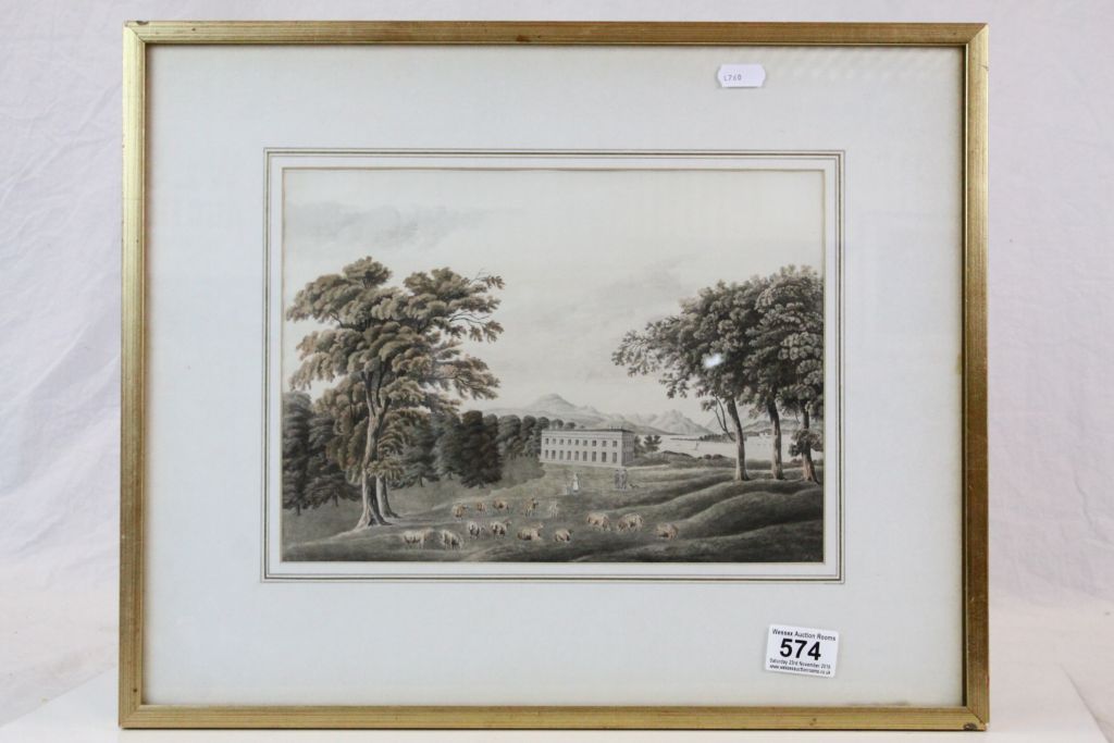 Early 19th Century watercolour country house and figures in a rural setting with sheep to