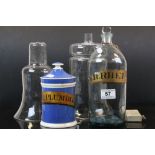 Four vintage Pharmacy or Chemist items to include Glass Bell shaped funnel, Glass bottle with