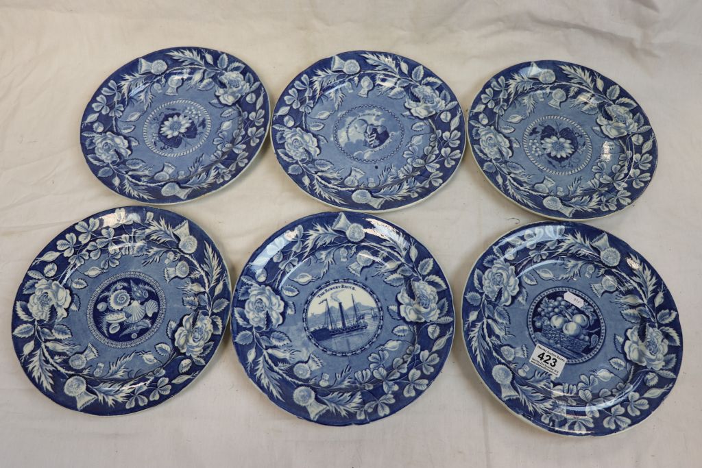 Set of six 19th Century blue & white plates, The Robert Bruce, commemorated death plate for George - Image 2 of 8