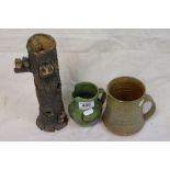 Three items of studio pottery to include Cricklade pottery jug, a sculpture with owl decoration