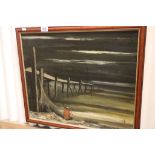 John Price mid 20th Century oil on board coastal scene with figure sitting on the beach near