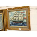 W Wilson framed oil on board a man of war sailing ship, signed, approx.33 x 38cm
