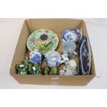 Box of mixed Oriental & other vintage ceramics to include; Foo Dogs, Dishes, Butterfly Enamel