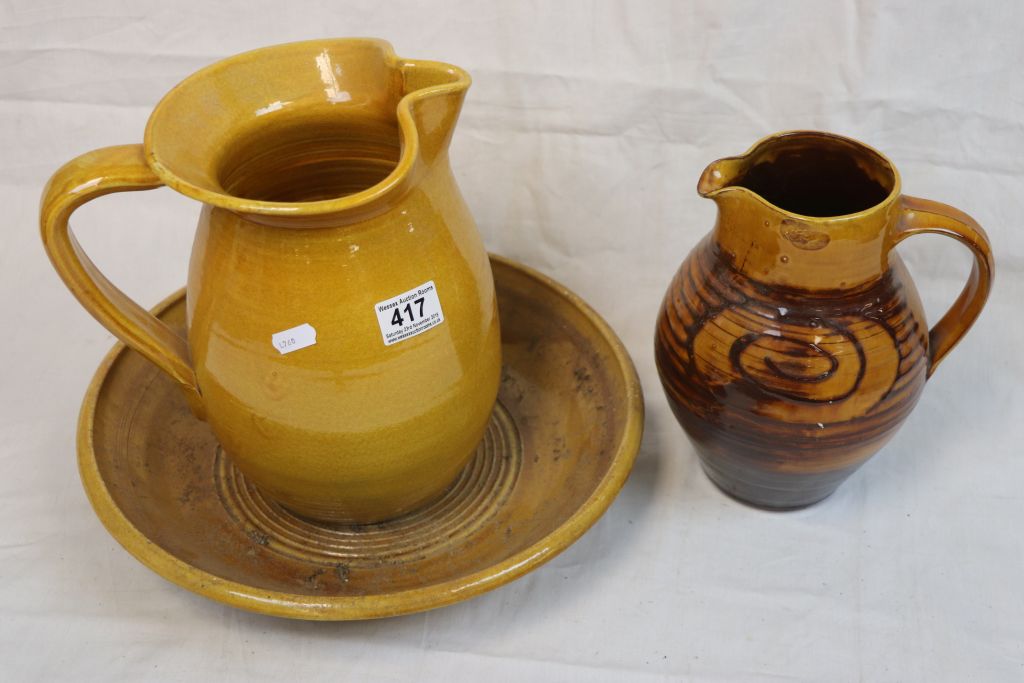 Studio pottery jug with slip ware scrolling decoration and a vintage pottery jug and bowl - Image 4 of 4