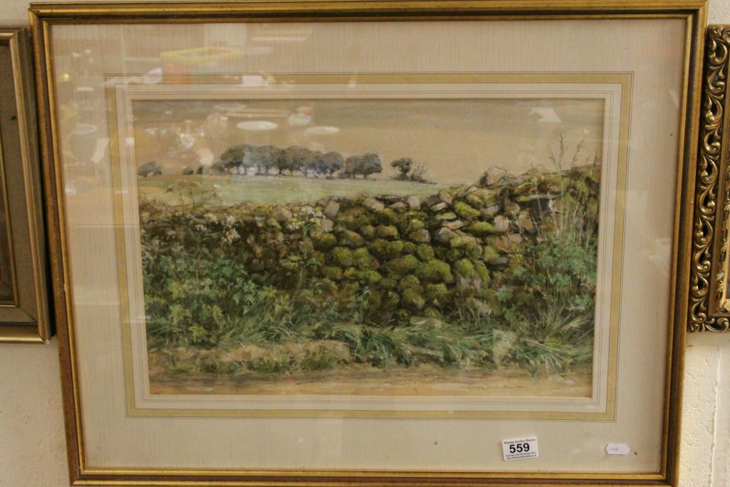 Ronald Dickinson framed watercolour rural scene with dry stone wall, signed, approx.33 x 48cm