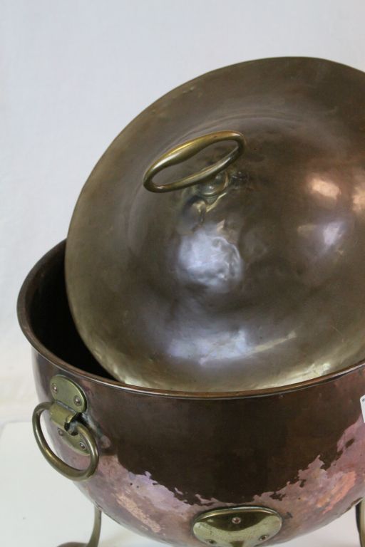 Arts & Crafts lidded Copper Coal Bucket with four Brass feet, twin handles and fixed lid handle, - Image 2 of 4