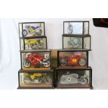 Eight 1:8 motor racing bikes in display cases featuring Ducati, Honda, BMW etc