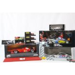 Ten boxed racing car diecast models to include 1:18 Hotwheels 26737 Michael Schumacher with wooden