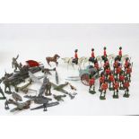 Quantity of vintage metal soldiers, figures, ships and planes featuring Dinky and Britains, play