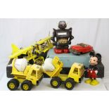 Group of toys and vehicles to include plastic GWDP Mickey Mouse, Japanese battery operated robot,