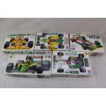 Five boxed 1:20 Tamiya Lotus model kits to include 20030 Lotus Type 102B, 20038 Lotus 107B Ford,